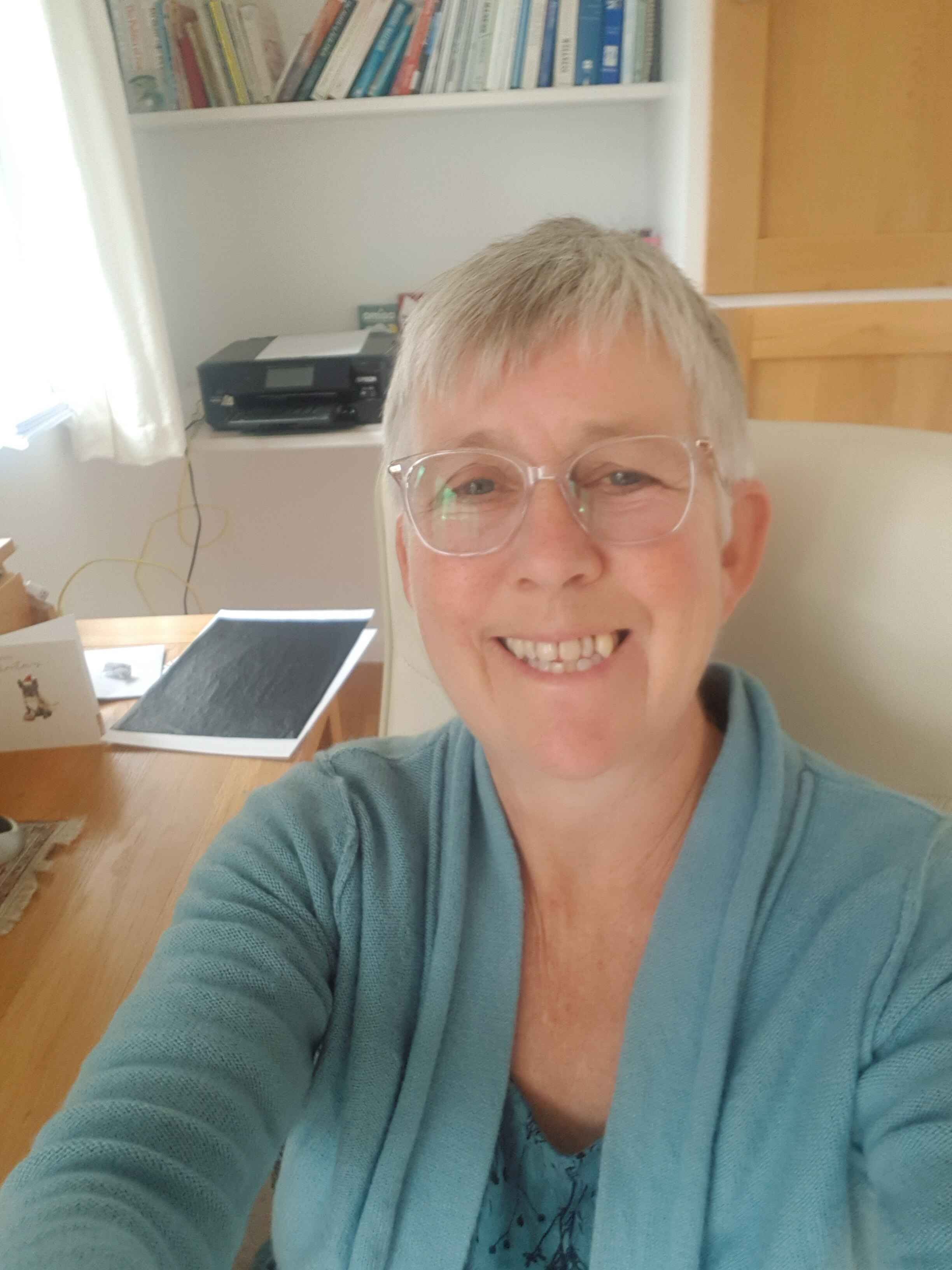 Hazel Pelham at her desk